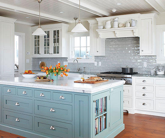 طراحی آشپزخانه های آبی سفید و خاکستری